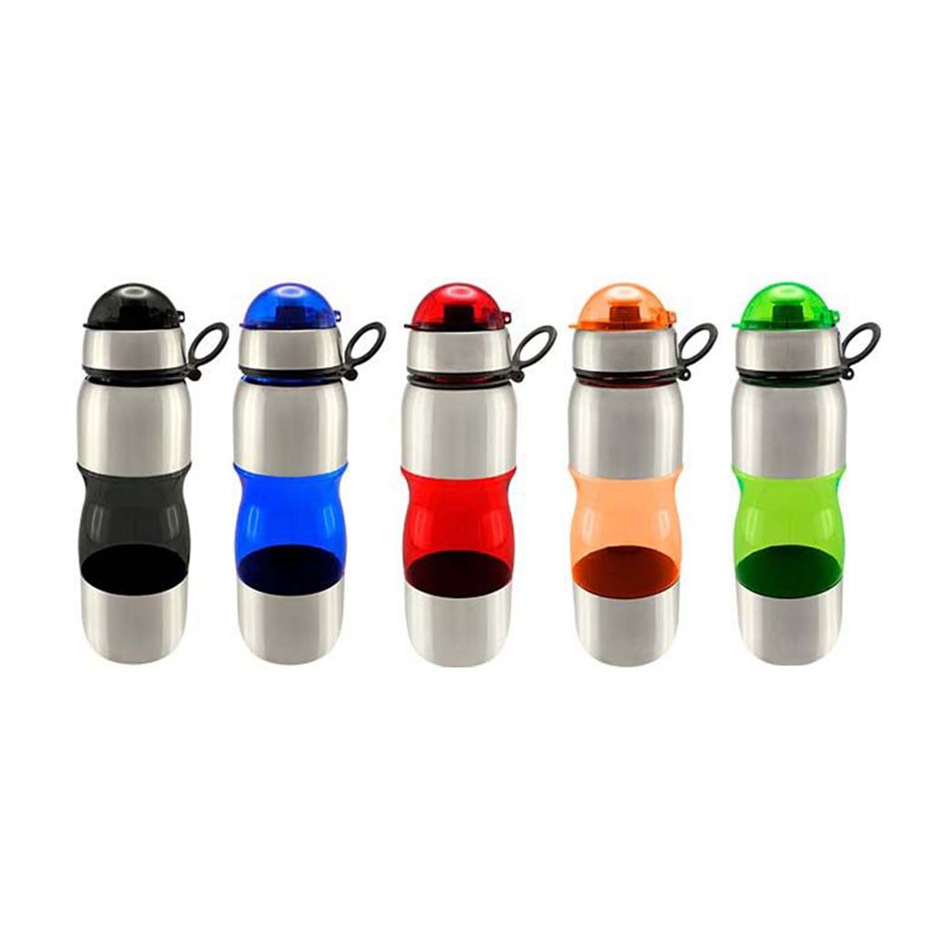 Botella deportiva caramayola, acero inoxidable y plástico traslucido. Cuenta con tapa con dosificador. Incluye un anillo flexible en color negro para mejor agarre. Colores: negro, azul, rojo, anaranjado, verde