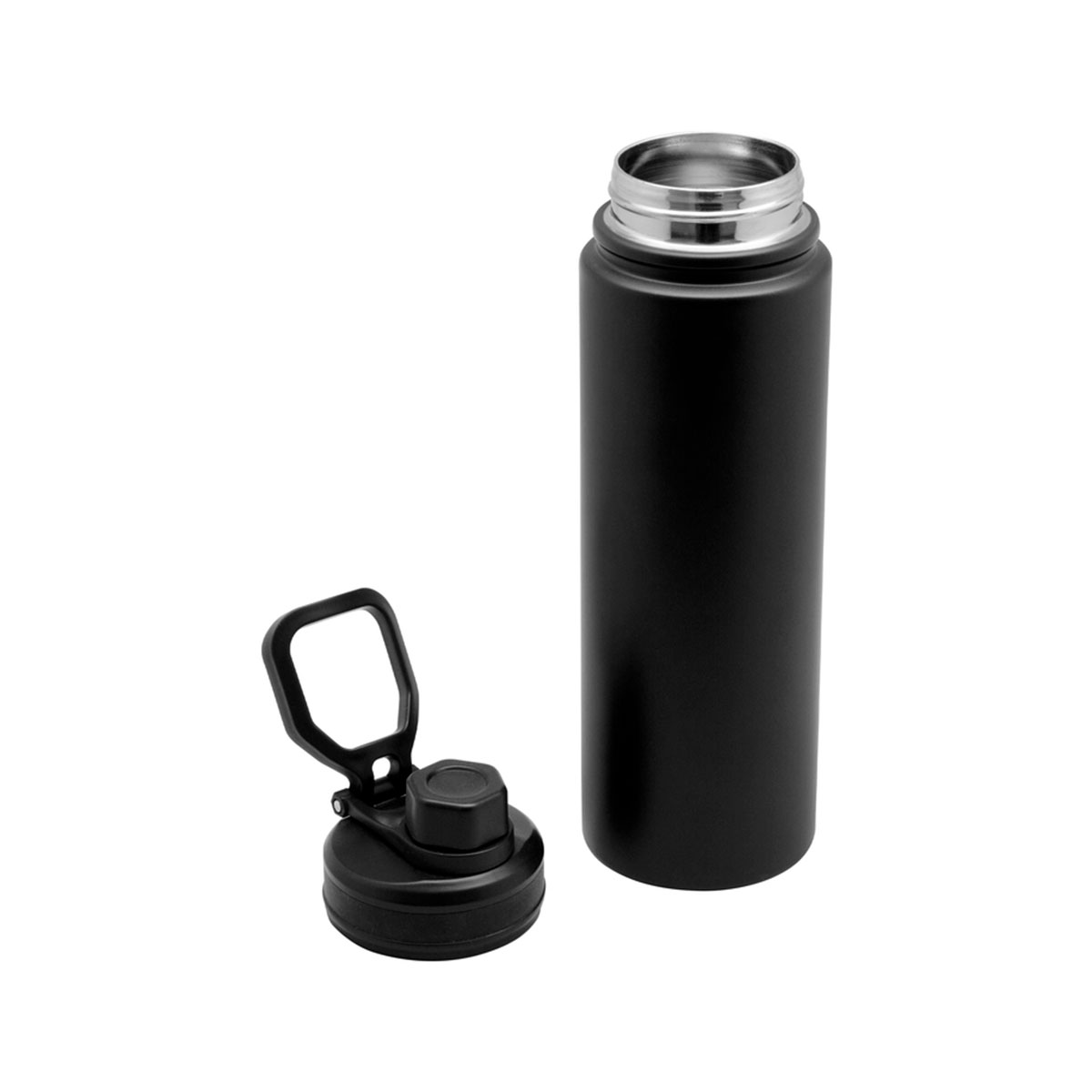 Botella térmica KING, de acero inoxidable, con su tapa tipo flip top a un costado, cuenta con manija y boquilla