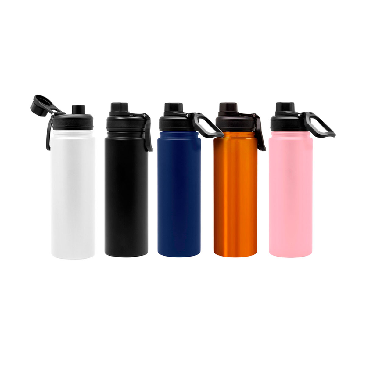 Botella térmica KING, de acero inoxidable, con su tapa tipo flip top de color negro, incluye manija. Disponible en varios colores: blanco, negro, azul, anaranjado, rosa.