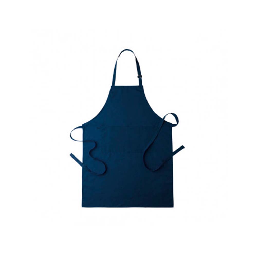 Delantal azul marino de algodón y poliéster con tu logo. Con bolsillo doble frontal y cintas de cuello con ajustador.