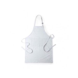 Delantal blanco marino de algodón y poliéster con tu logo. Con bolsillo doble frontal y cintas de cuello con ajustador.
