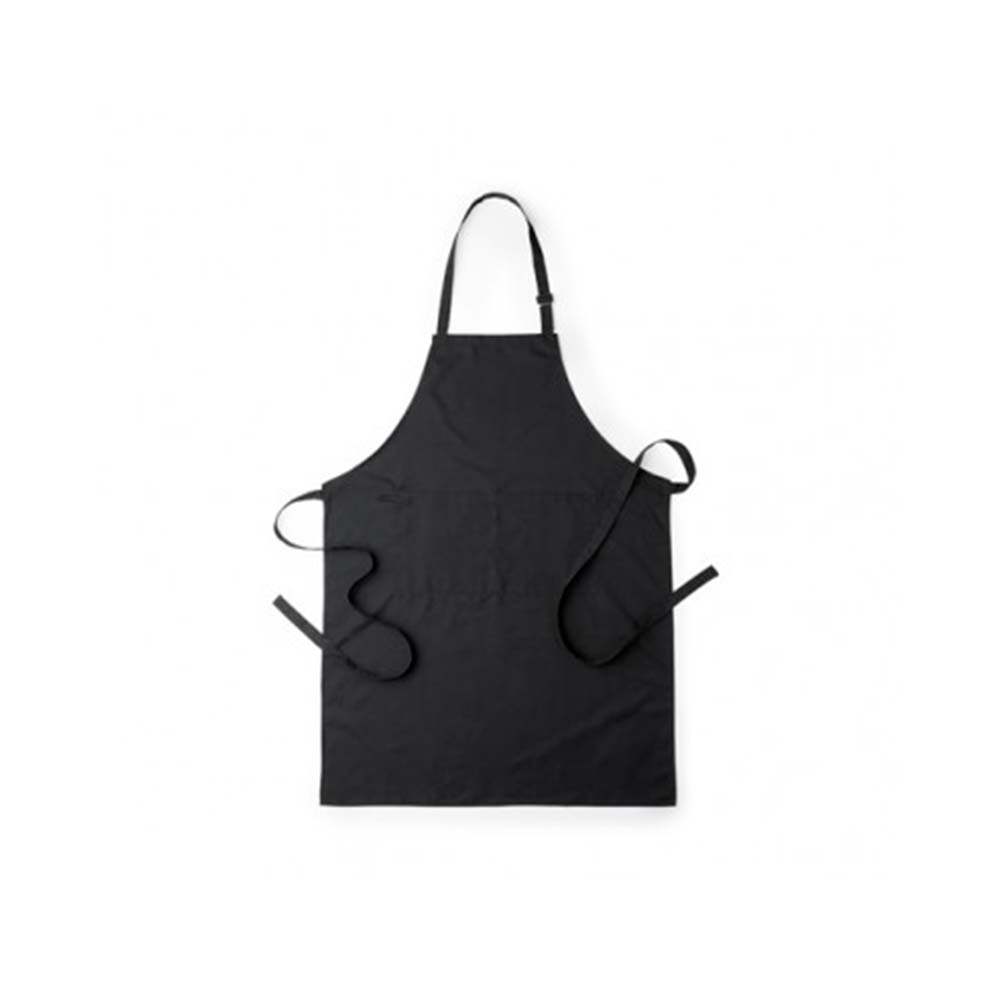 Delantal gris de algodón y poliéster con tu logo. Con bolsillo doble frontal y cintas de cuello con ajustador.