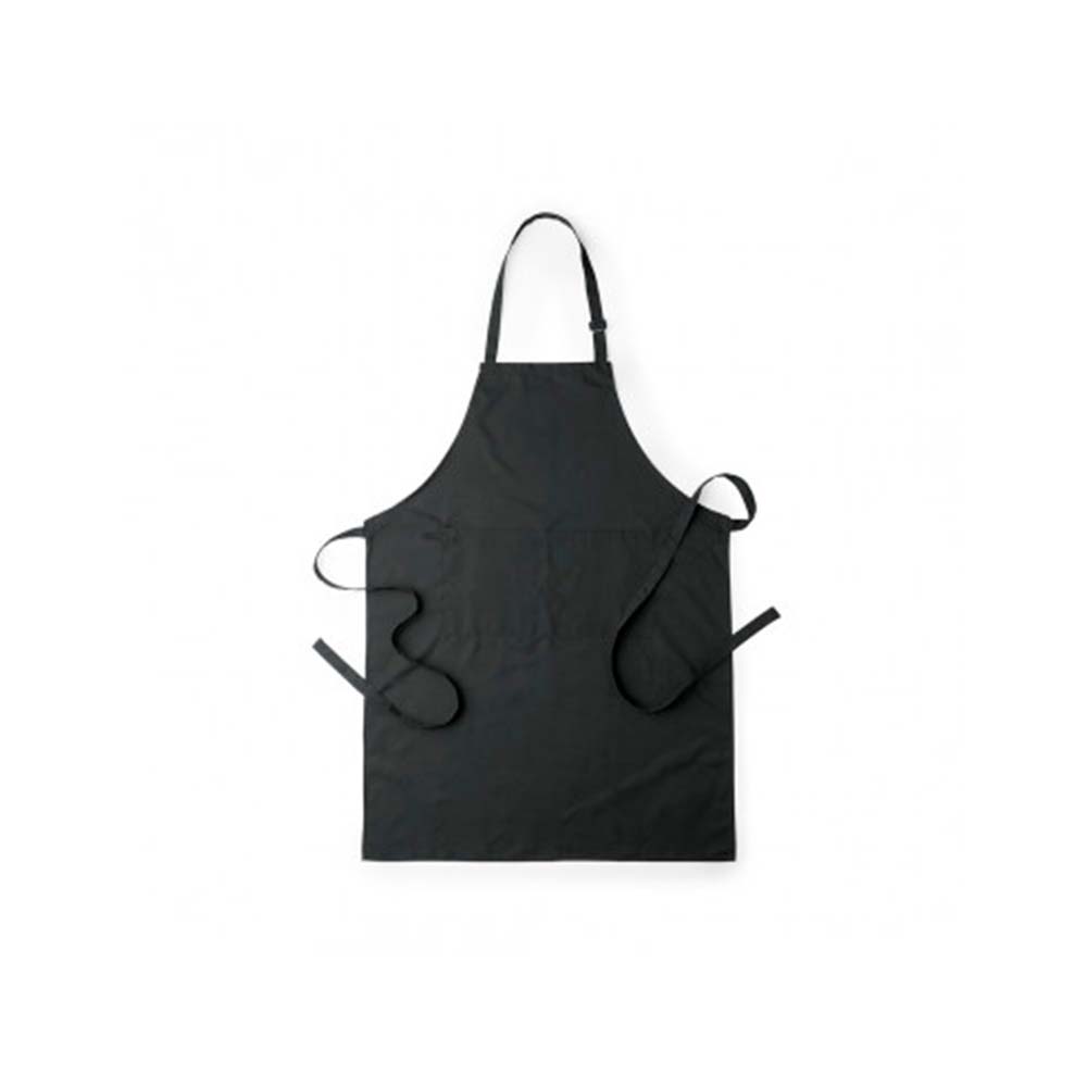 Delantal negro de algodón y poliéster con tu logo. Con bolsillo doble frontal y cintas de cuello con ajustador.