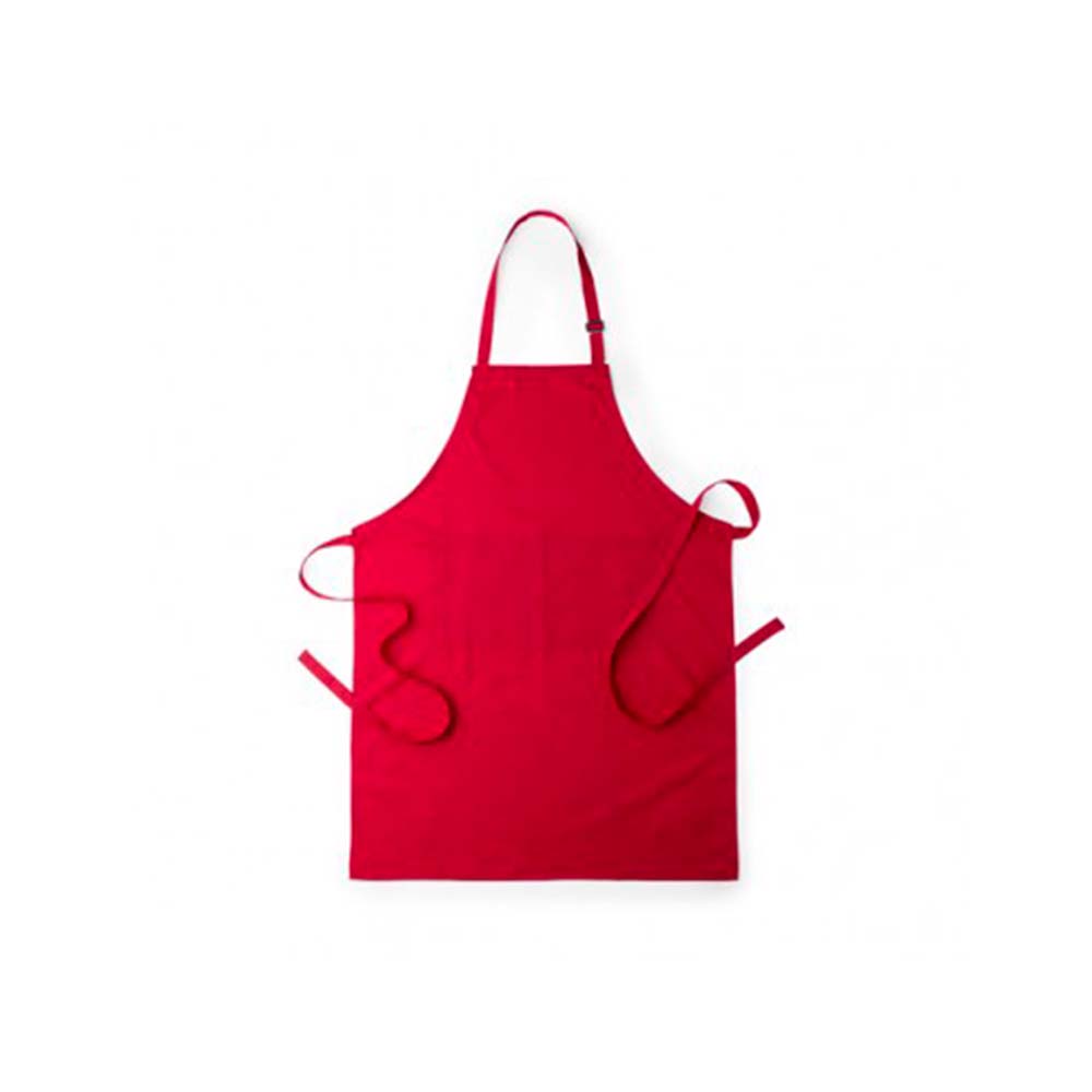 Delantal rojo de algodón y poliéster con tu logo. Con bolsillo doble frontal y cintas de cuello con ajustador.