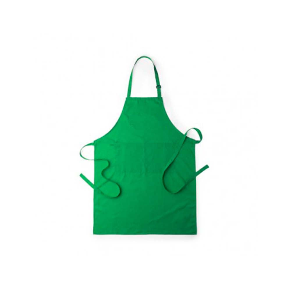 Delantal verde de algodón y poliéster con tu logo. Con bolsillo doble frontal y cintas de cuello con ajustador.