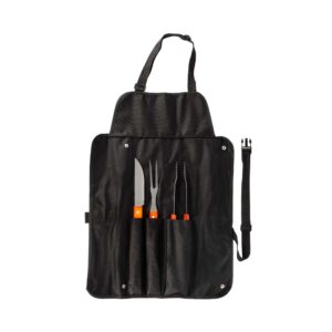 Delantal BBQ con 3 Herramientas. Delantal de tela raquelada que incluye cuchillo, tenedor y pinzas. Perfecto para bordar o estampar tu logo.