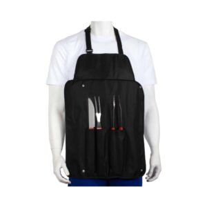 Delantal BBQ con 3 Herramientas. Delantal de tela raquelada que incluye cuchillo, tenedor y pinzas. Perfecto para bordar o estampar tu logo.