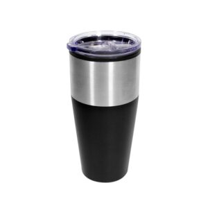 Mug black de acero inoxidable con franja de color negro y tapa transparente