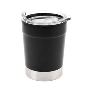 Mug ONLY, de color negro, exterior de acero inoxidbale. Incluye tapa transparente