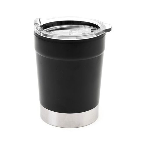 Mug ONLY, de color negro, exterior de acero inoxidbale. Incluye tapa transparente