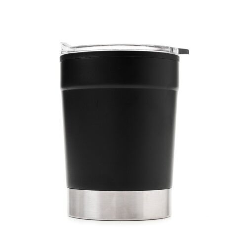 Mug ONLY, de color negro, exterior de acero inoxidbale. Incluye tapa transparente