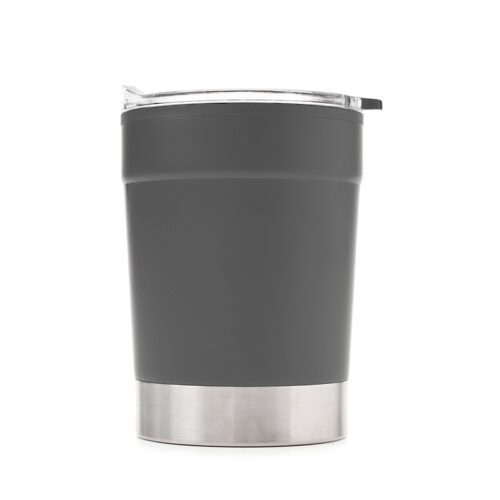 Mug ONLY, de color gris, exterior de acero inoxidbale. Incluye tapa transparente