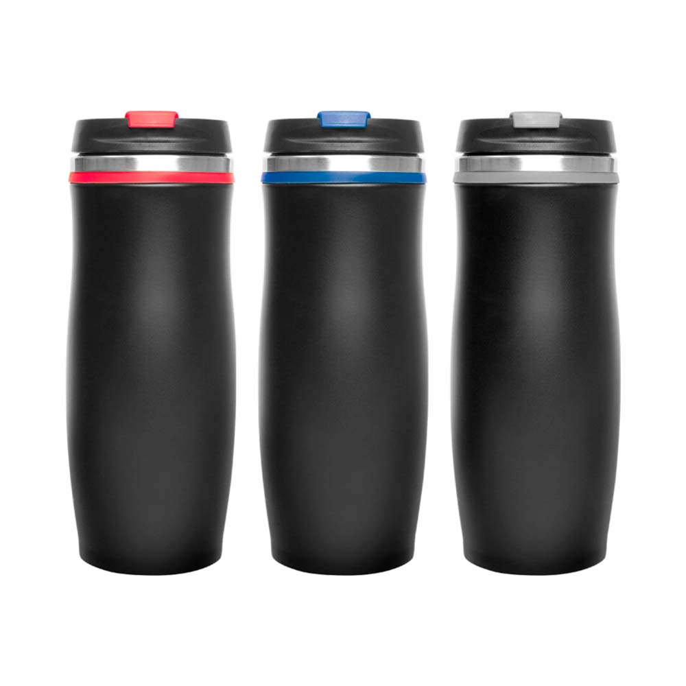 Mug Metalico Siluet 380ml de color negro, hecho de acero inoxidable y con tapa de plástico color negro con detalle de color. Disponible en negro, azul y rojo