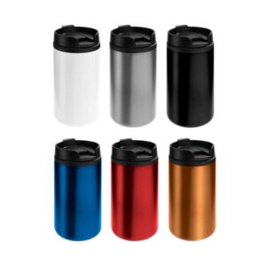 Mug Take Fast, exterior de acero inoxidable e interior de plástico. Mug térmico doble pared, tapa rosca en plástico con apertura para beber. Disponible en blanco, plata, negro, azul rojo cobre