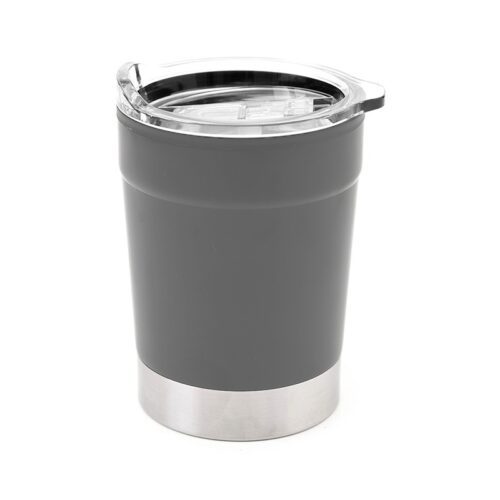 Mug ONLY, de color gris, exterior de acero inoxidbale. Incluye tapa transparente