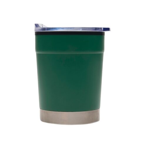 Mug ONLY, de color verde, exterior de acero inoxidbale. Incluye tapa transparente