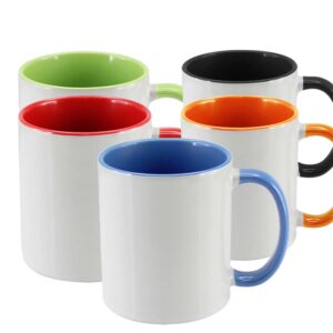 Tazón Cerámico Bicolor Sublimable 350 ml, con Recubrimiento ORCA COATINGS® para resultados de calidad. Exterior blanco e interior y asa de colores. Azul, verde, rojo, naranjo, negro,
