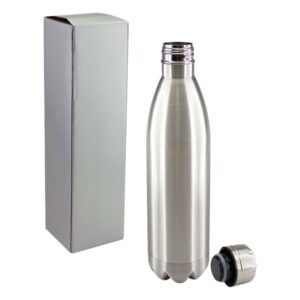 Termo botella de acero inoxidable con su tapa a rosca a un lado, se aprecia acabado metálico en el exterior e interior de plástico negro con anillo de silicona antiderrames.