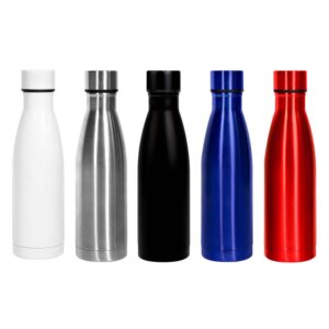 Botella térmica ISLA, de acero inoxidable y disponible en 5 colores. Azul, negro, plata, rojo y blanco.