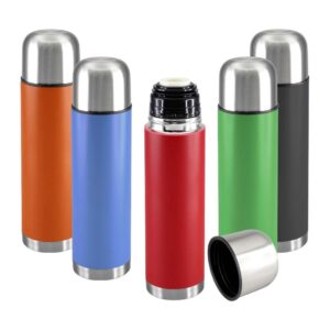 termo novak de acero inoxidable con 500 ml de capacidad. Tapa rosca y base con acabado metalico y tapón a rosca con dosificador. Disponible en rojo, azul, verde, negro, naranjo