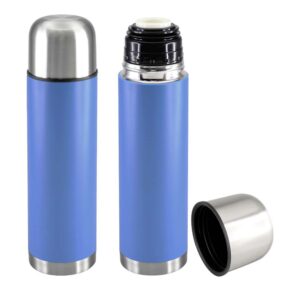 termo novak de acero inoxidable de color azul. Tapa rosca y base con acabado metalico y tapón a rosca con dosificador.