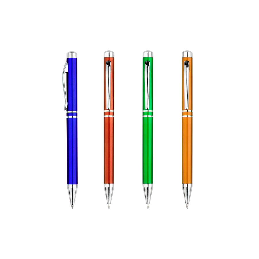 BP03 Bolígrafo Plástico Prime. Cuerpo de color metalizado. Escritura azul. Colores disponibles: Azul, Rojo, Naranjo, Verde, Cobre