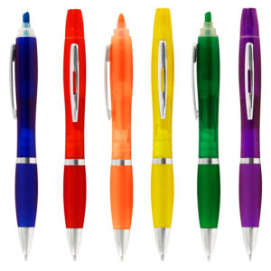 Bolígrafo Wind Color con escritura azul y punta de resaltador fluorescente. Disponible en: azul, rojo, naranjo, amarillo, verde, purpura.
