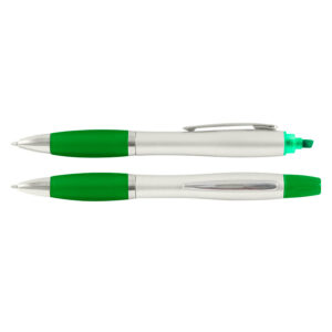 Bolígrafo Destacador Wind Satin con escritura azul y punta fluorescente verde.