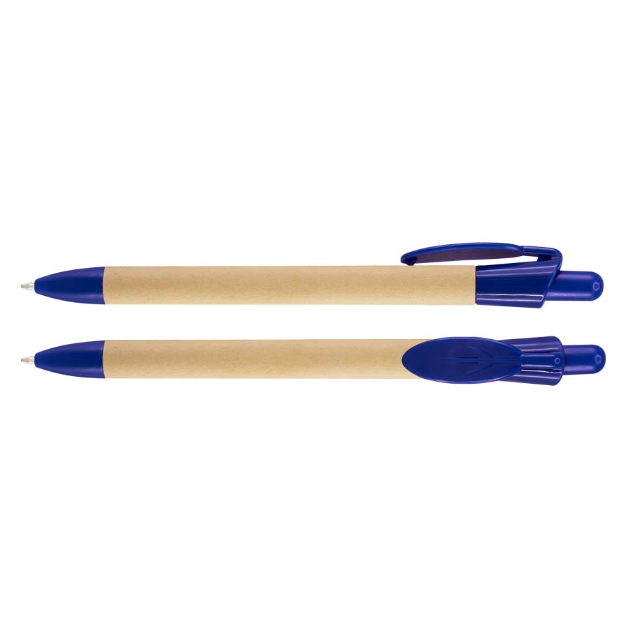 Bolígrafo ecológico Leafe con cuerpo de cartón reciclado y clip PET biodegradable en forma de hoja. Escritura azul. Detalles en color azul
