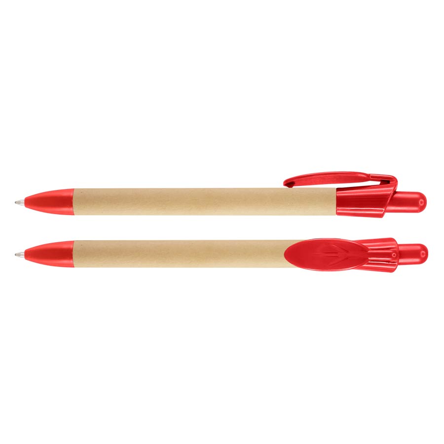 Bolígrafo ecológico Leafe con cuerpo de cartón reciclado y clip PET biodegradable en forma de hoja. Escritura azul. Detalles en color rojo