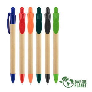 Bolígrafo ecológico Leafe con cuerpo de cartón reciclado y clip PET biodegradable en forma de hoja. Escritura azul. Disponible en color: azul, rojo, naranjo, negro, verde oscuro y claro.