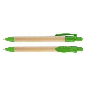 www.regalospro.cl-boligrafoEcologiocLeafe-bp27-verde Bolígrafo ecológico Leafe con cuerpo de cartón reciclado y clip PET biodegradable en forma de hoja. Escritura azul. Detalles en color verde claro