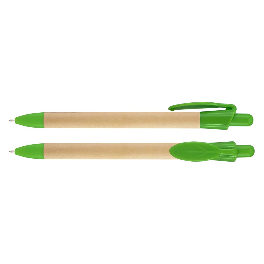 Bolígrafo ecológico Leafe con cuerpo de cartón reciclado y clip PET biodegradable en forma de hoja. Escritura azul. Detalles en color verde claro