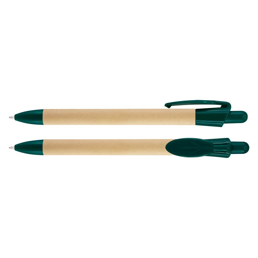 Bolígrafo ecológico Leafe con cuerpo de cartón reciclado y clip PET biodegradable en forma de hoja. Escritura azul. Detalles en color verde oscuro