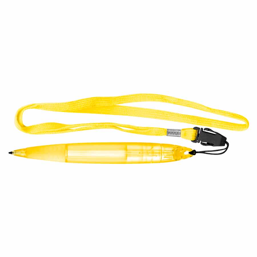 Bolígrafo Gross Lanyard color amarillo con cuerpo grueso, escritura azul y cinta lanyard para fácil traslado.