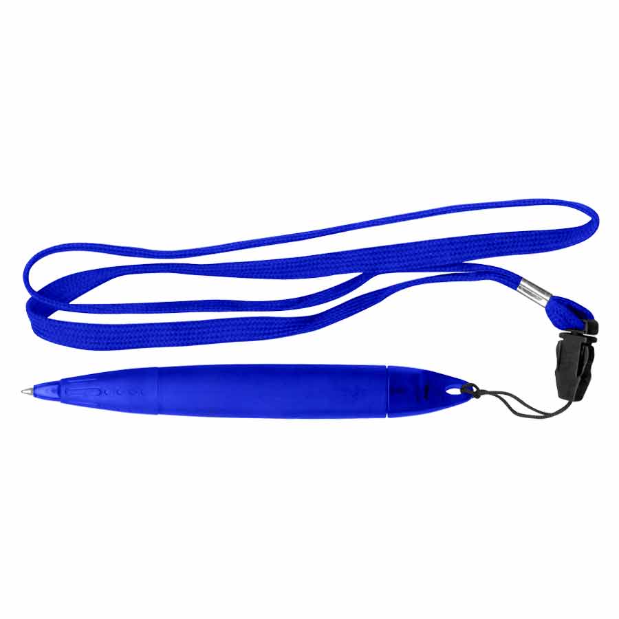 Bolígrafo Gross Lanyard color azul con cuerpo grueso, escritura azul y cinta lanyard para fácil traslado.