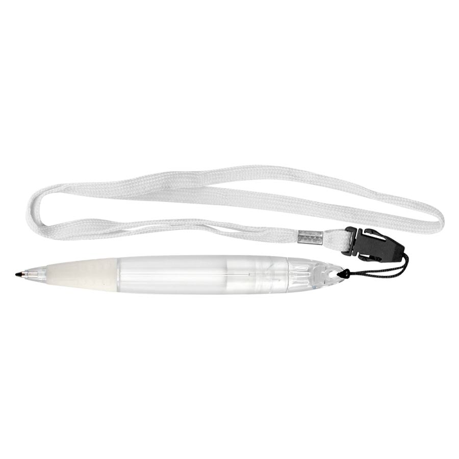 Bolígrafo Gross Lanyard color blanco con cuerpo grueso, escritura azul y cinta lanyard para fácil traslado.