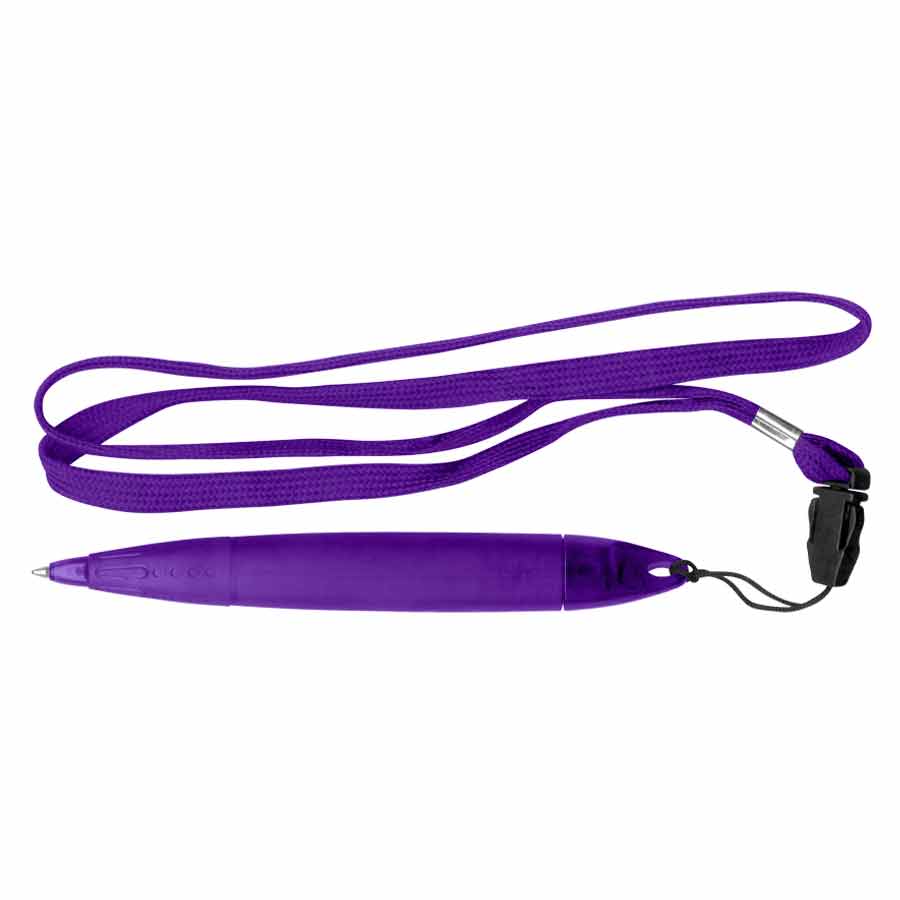 Bolígrafo Gross Lanyard color morado con cuerpo grueso, escritura azul y cinta lanyard para fácil traslado.