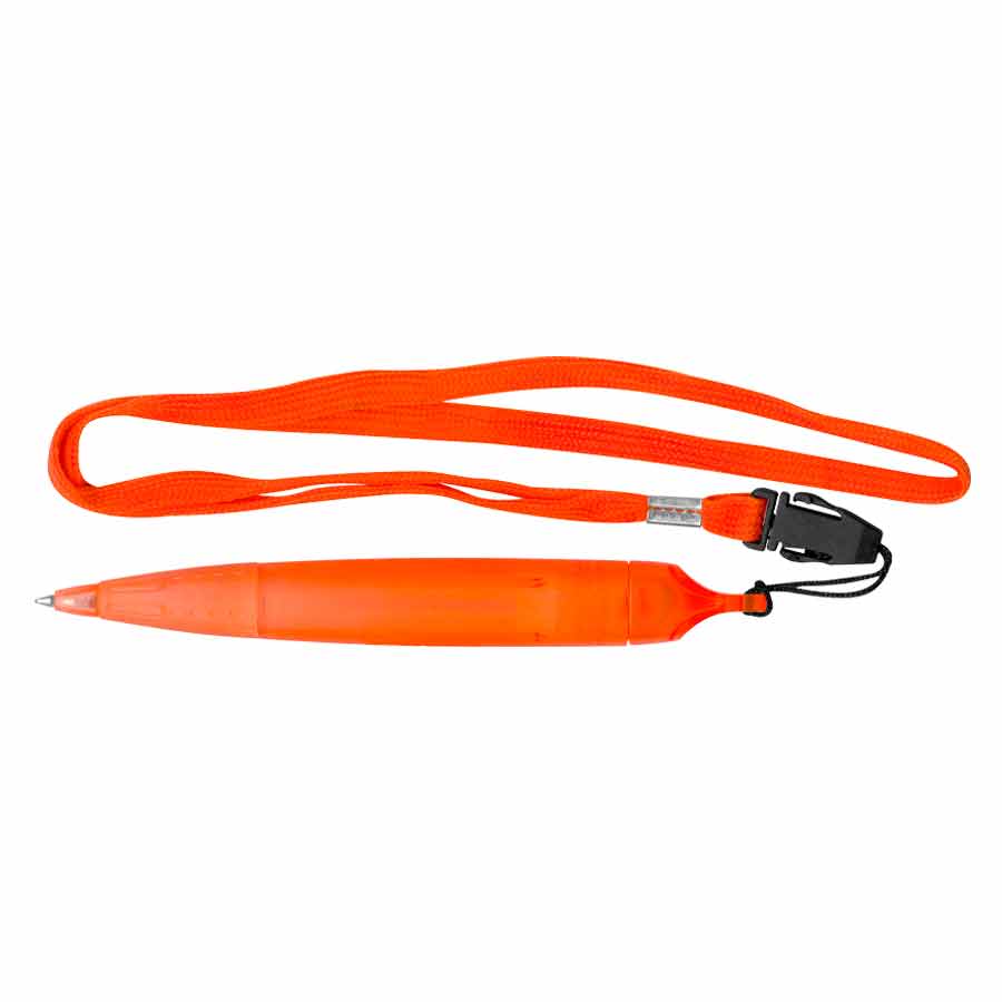 Bolígrafo Gross Lanyard color naranjo con cuerpo grueso, escritura azul y cinta lanyard para fácil traslado.