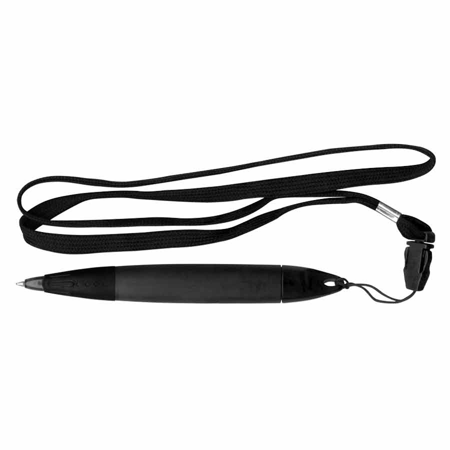 Bolígrafo Gross Lanyard color negro con cuerpo grueso, escritura azul y cinta lanyard para fácil traslado.