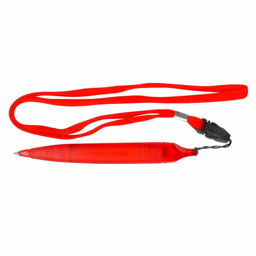 Bolígrafo Gross Lanyard color rojo con cuerpo grueso, escritura azul y cinta lanyard para fácil traslado.