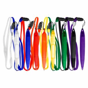 Bolígrafo Gross Lanyard con cuerpo grueso, escritura azul y cinta lanyard para fácil traslado. Disponible ne blanco, azul, rojo, naranjo, amarillo, verde, negro, morado