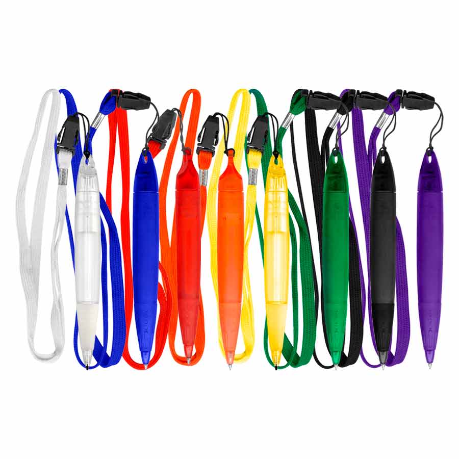 Bolígrafo Gross Lanyard con cuerpo grueso, escritura azul y cinta lanyard para fácil traslado. Disponible ne blanco, azul, rojo, naranjo, amarillo, verde, negro, morado