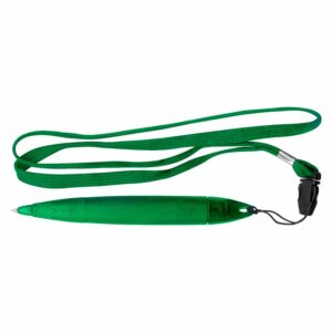 Bolígrafo Gross Lanyard color verde con cuerpo grueso, escritura azul y cinta lanyard para fácil traslado.