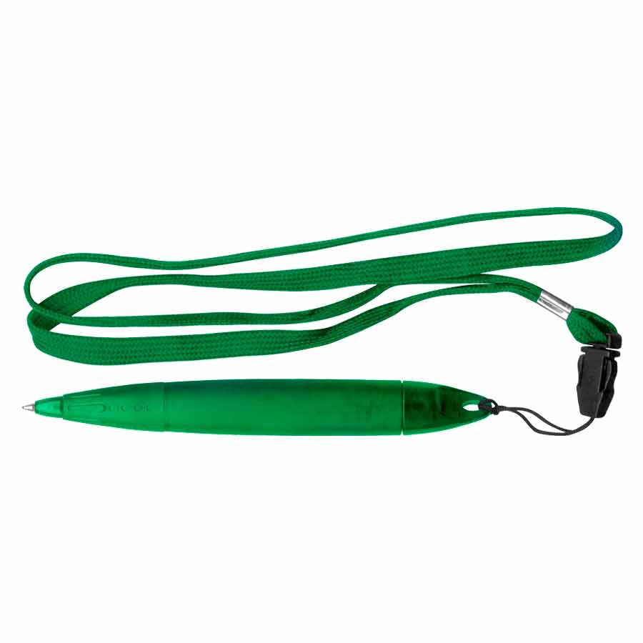 Bolígrafo Gross Lanyard color verde con cuerpo grueso, escritura azul y cinta lanyard para fácil traslado.