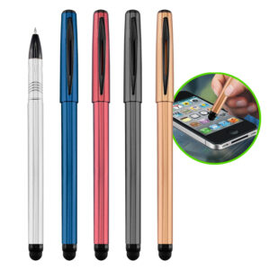 Roller Pen Cooper con cuerpo metalizado y puntero táctil. Escritura negra. Disponible en color: plata, azul, rojo, gris oscuro y encobrizado.