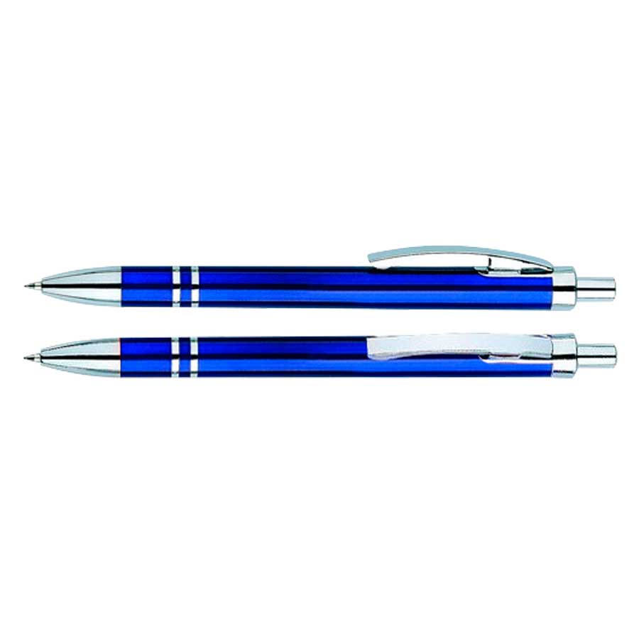 Bolígrafo Plástico Arco. Con cuerpo de color azul metalizado. Escritura azul.