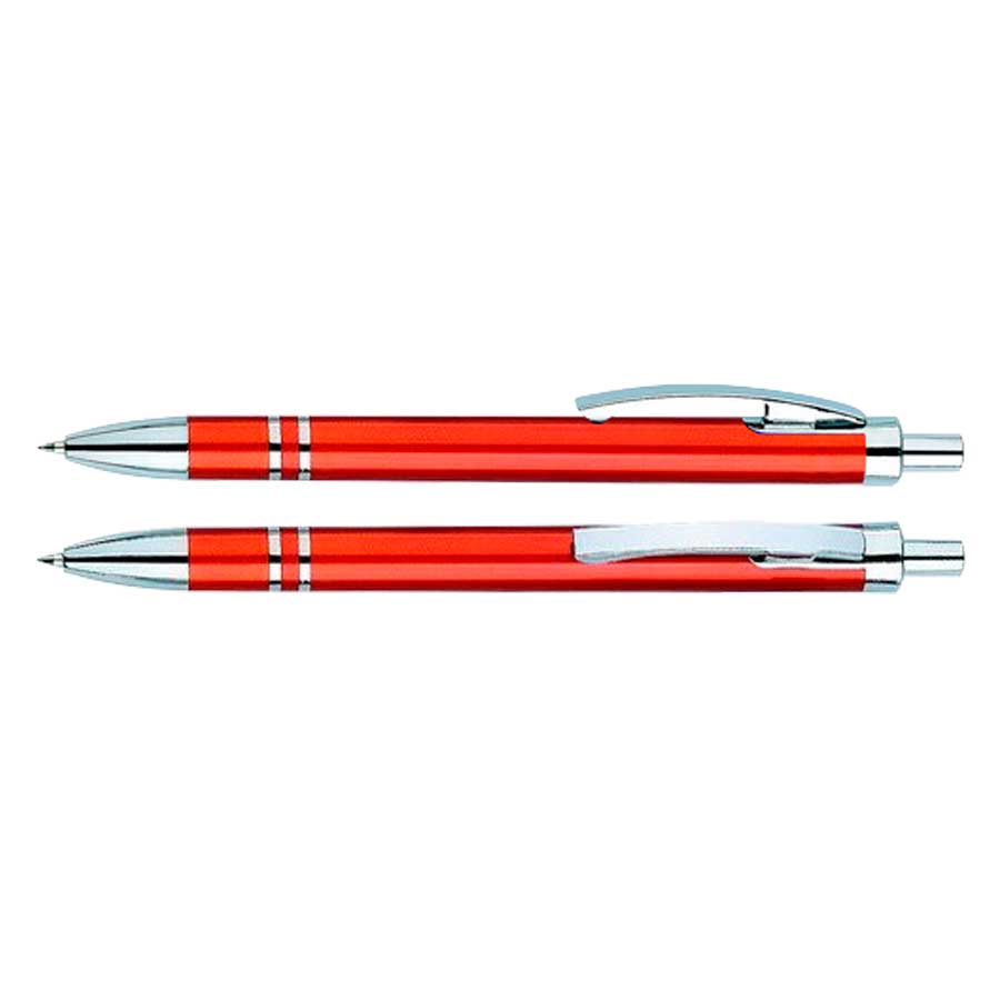 Bolígrafo Plástico Arco. Con cuerpo de color rojo metalizado. Escritura azul.