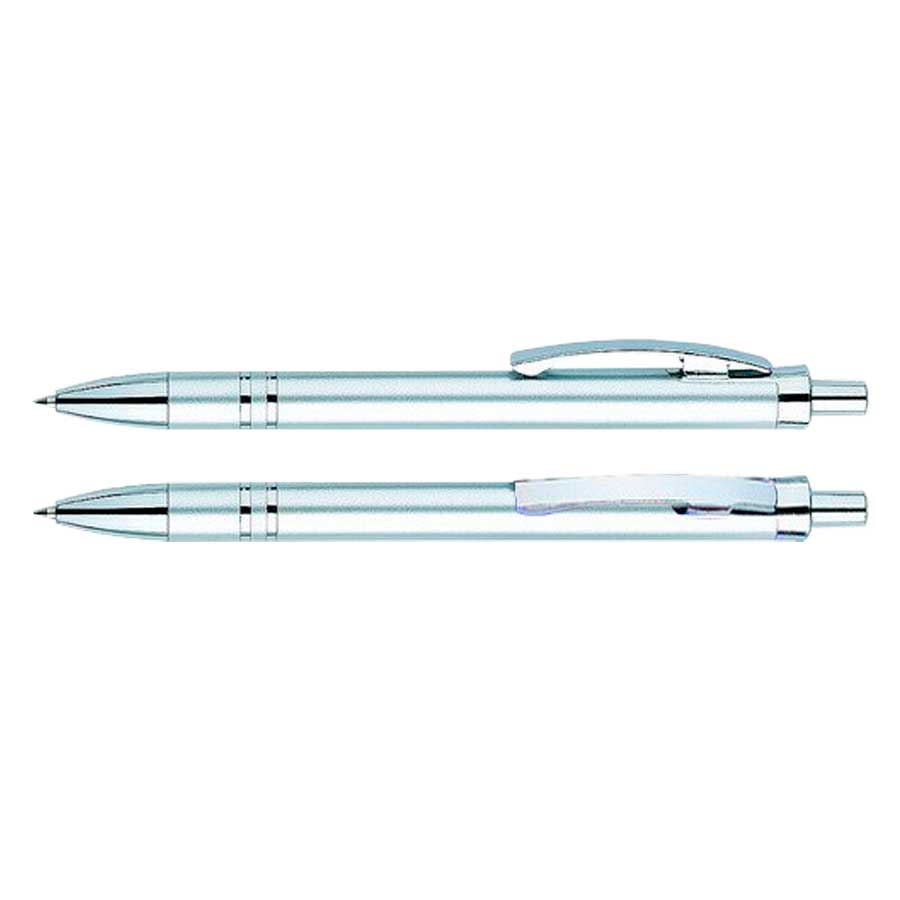 Bolígrafo Plástico Arco. Con cuerpo de color plata metalizado. Escritura azul.