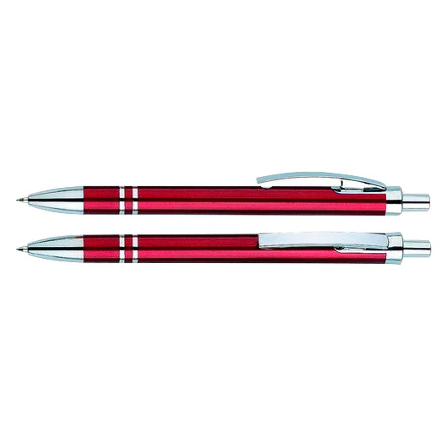 Bolígrafo Plástico Arco. Con cuerpo de color rojo metalizado. Escritura azul.